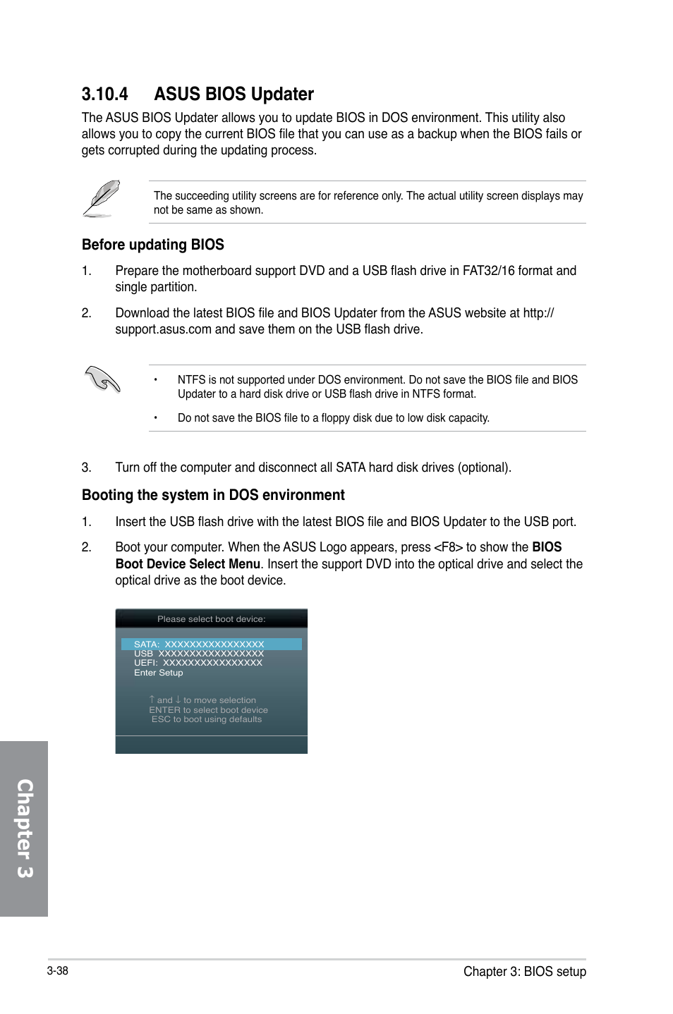 4 asus bios updater, Asus bios updater -38, Chapter 3 | Before updating bios, Booting the system in dos environment | Asus P8Z77-V LK2 User Manual | Page 96 / 156