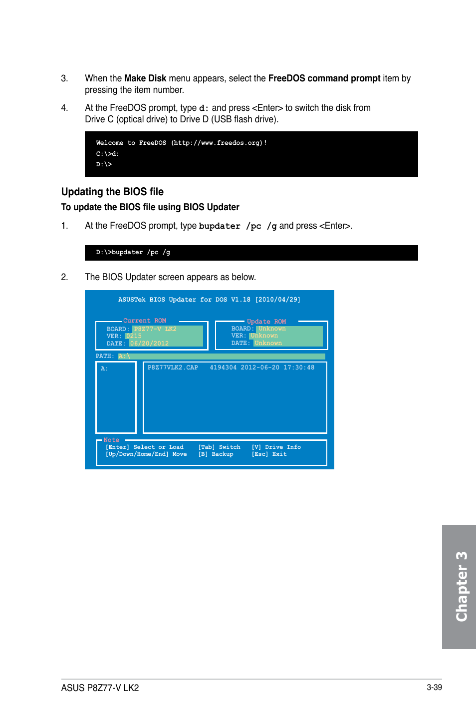 Chapter 3, Updating the bios file | Asus P8Z77-V LK2 User Manual | Page 97 / 156