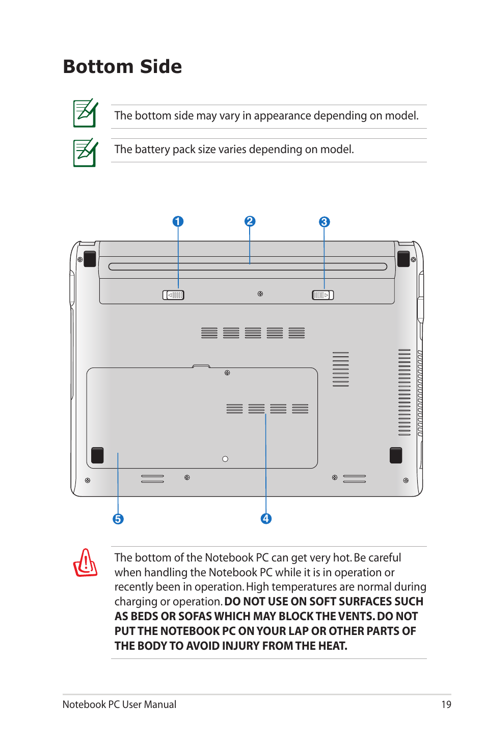 Bottom side | Asus X32VM User Manual | Page 19 / 110