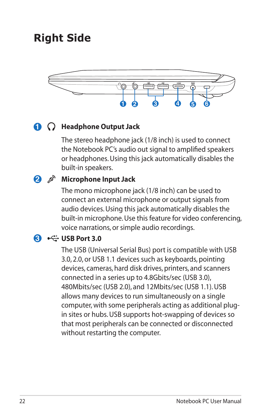 Right side | Asus X32VM User Manual | Page 22 / 110