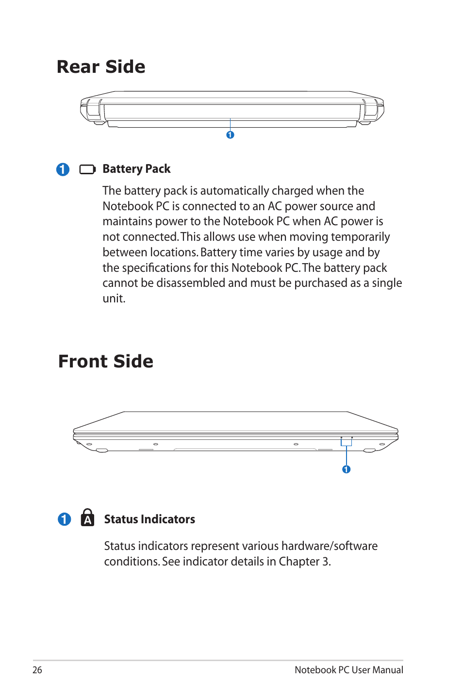 Rear side, Front side, Rear side front side | Asus X32VM User Manual | Page 26 / 110