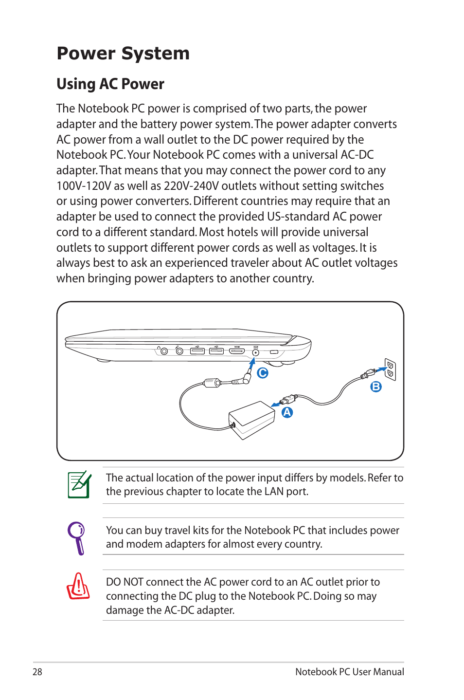 Power system, Using ac power | Asus X32VM User Manual | Page 28 / 110
