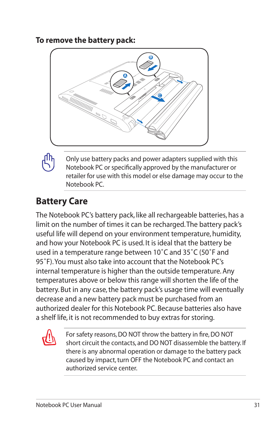 Battery care | Asus X32VM User Manual | Page 31 / 110