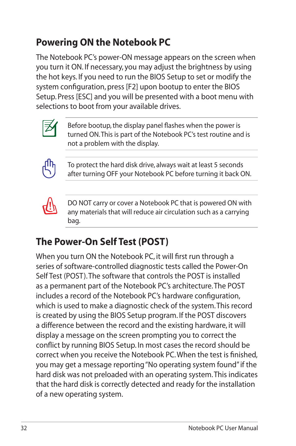 Powering on the notebook pc, The power-on self test (post) | Asus X32VM User Manual | Page 32 / 110