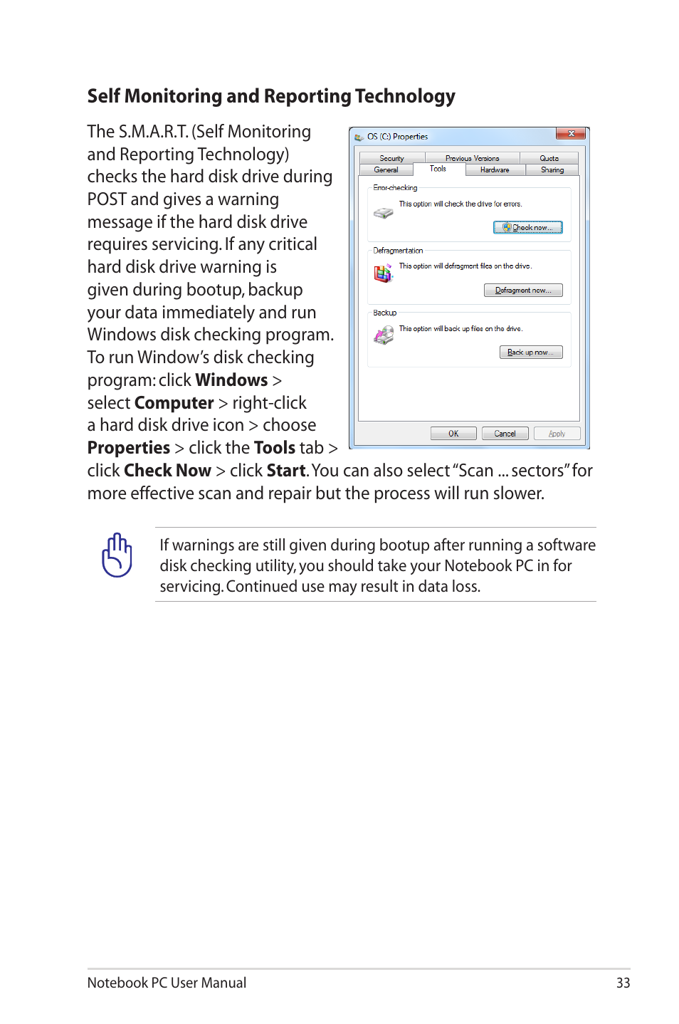 Self monitoring and reporting technology | Asus X32VM User Manual | Page 33 / 110