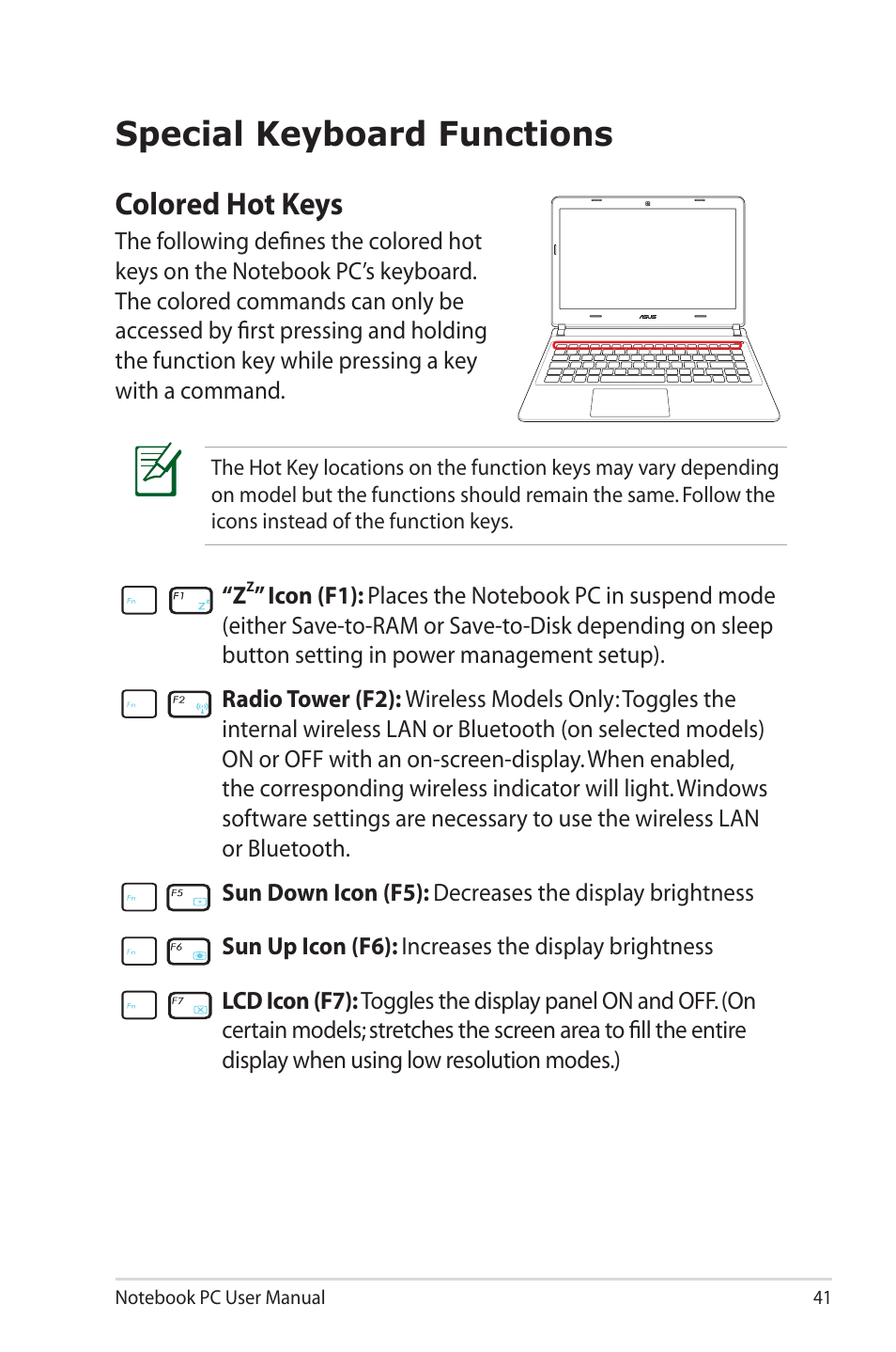 Special keyboard functions, Hot keys, Colored hot keys | Asus X32VM User Manual | Page 41 / 110