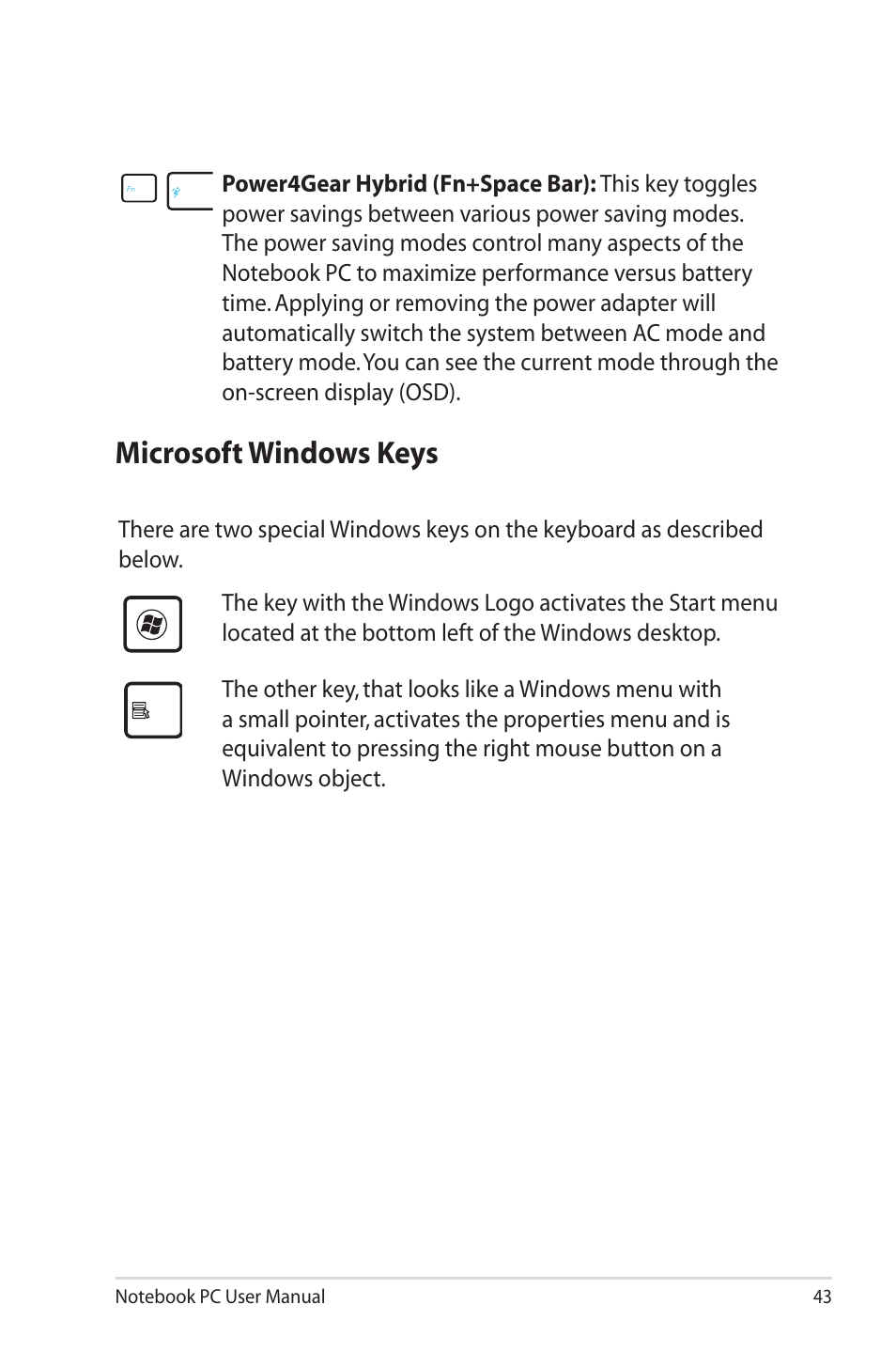 Microsoft windows keys | Asus X32VM User Manual | Page 43 / 110