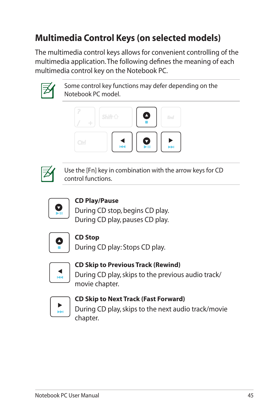 Multimedia control keys (on selected models) | Asus X32VM User Manual | Page 45 / 110