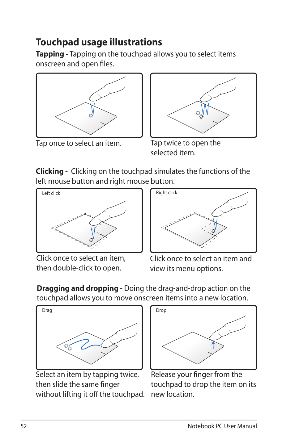 Touchpad usage illustrations | Asus X32VM User Manual | Page 52 / 110