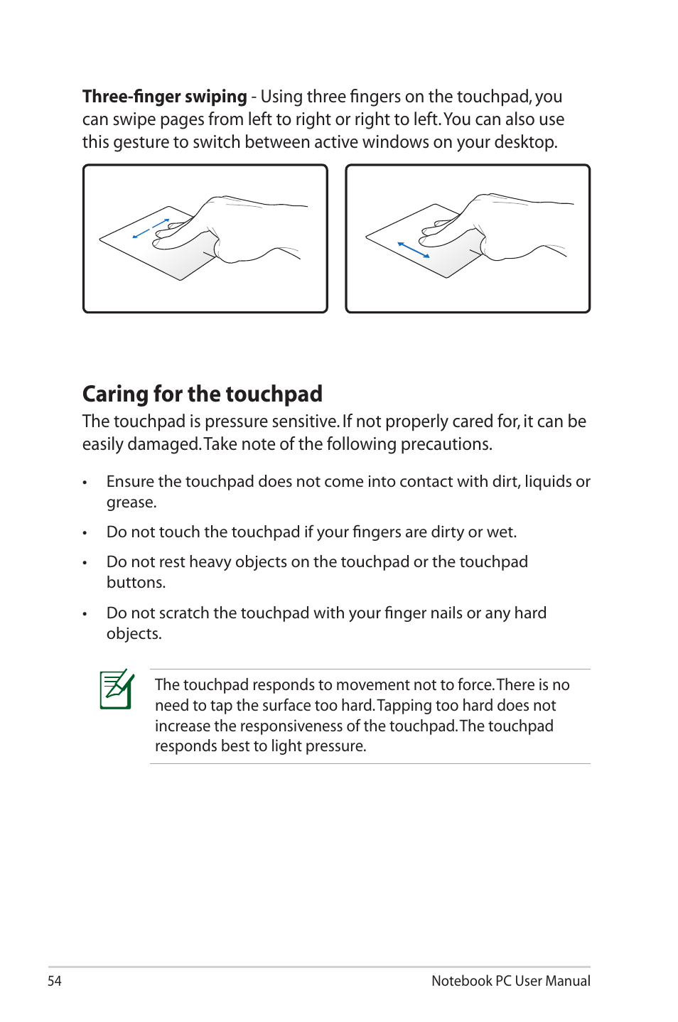 Caring for the touchpad | Asus X32VM User Manual | Page 54 / 110