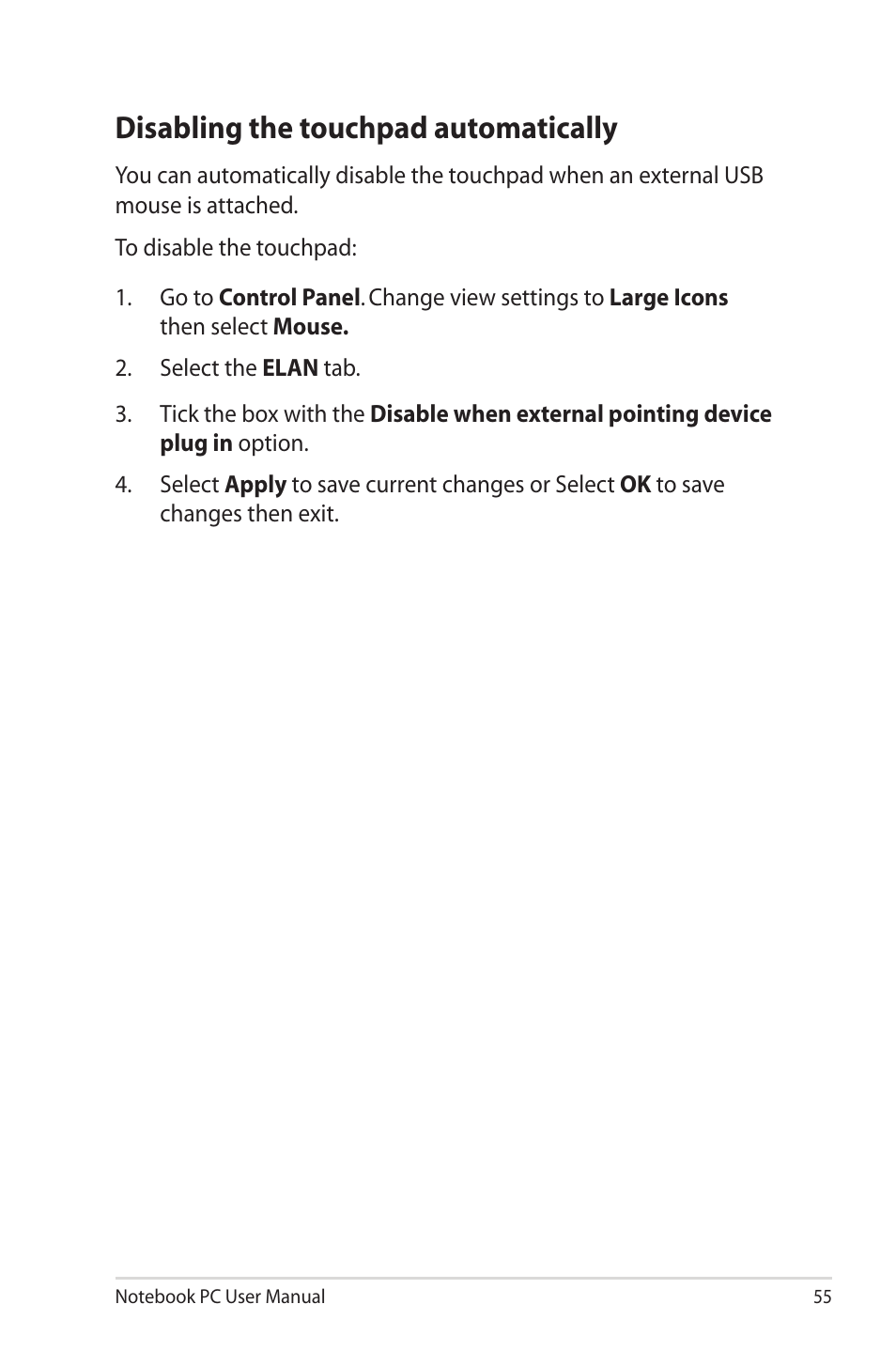 Disabling the touchpad automatically | Asus X32VM User Manual | Page 55 / 110