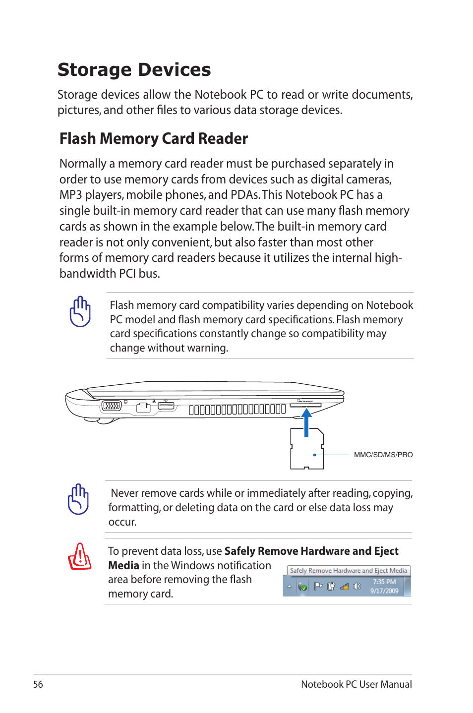 Storage devices, Flash memory card reader | Asus X32VM User Manual | Page 56 / 110