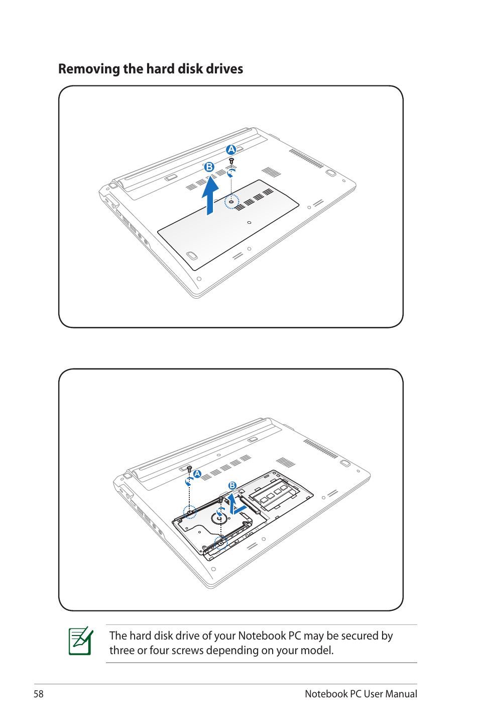 Removing the hard disk drives | Asus X32VM User Manual | Page 58 / 110