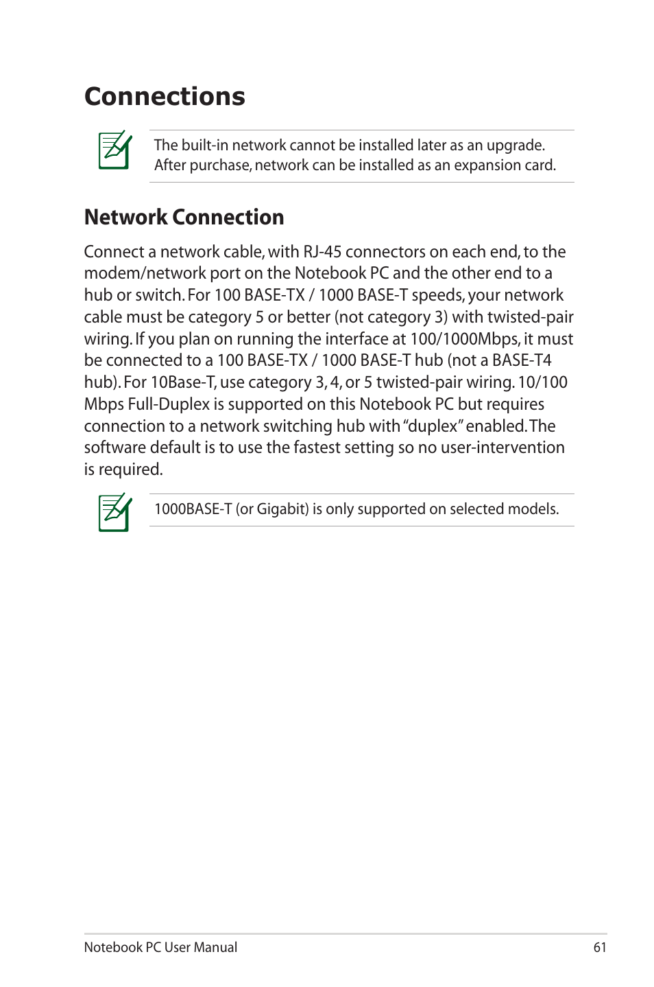 Connections, Network connection | Asus X32VM User Manual | Page 61 / 110