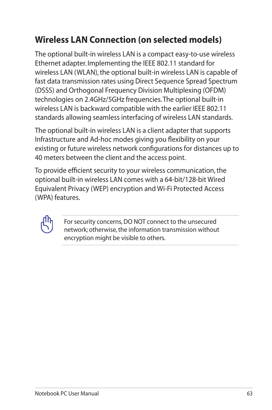 Wireless lan connection (on selected models) | Asus X32VM User Manual | Page 63 / 110