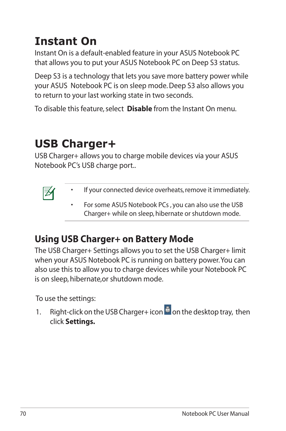 Instant on, Usb charger, Instant on usb charger | Using usb charger+ on battery mode | Asus X32VM User Manual | Page 70 / 110