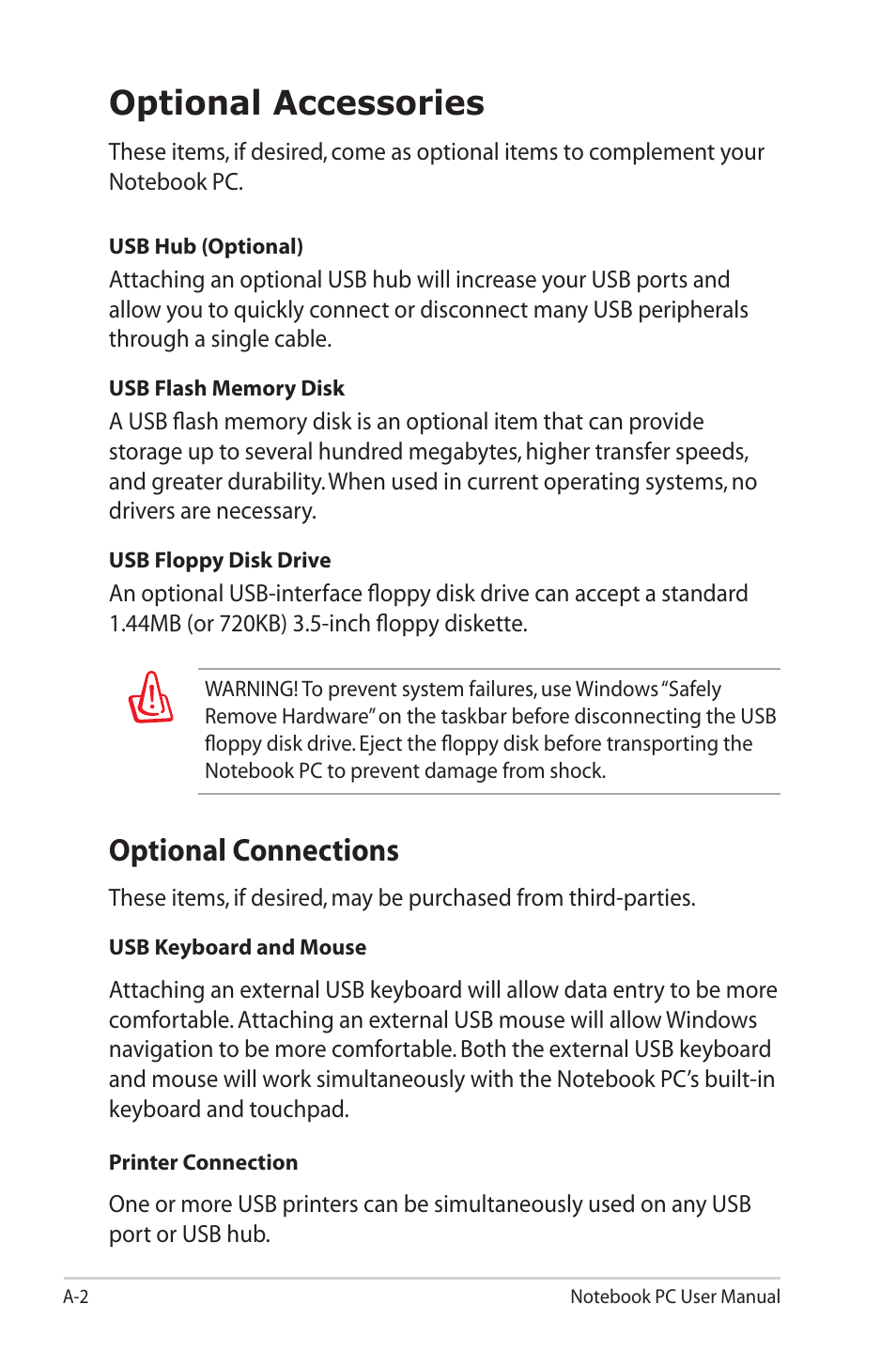 Optional accessories, Optional connections | Asus X32VM User Manual | Page 74 / 110