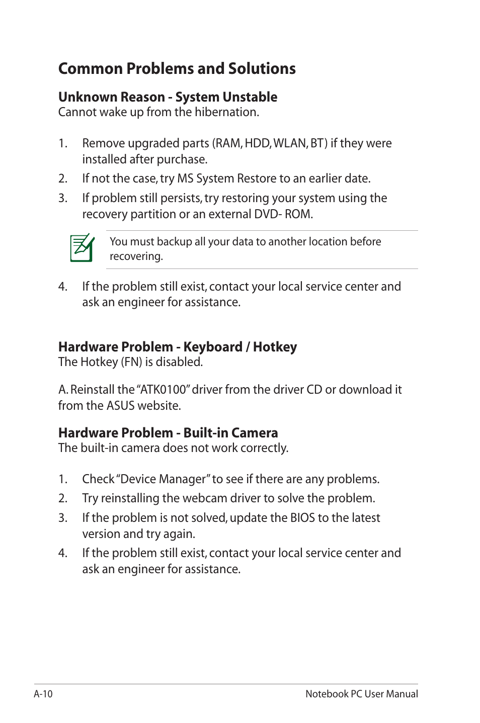 Common problems and solutions | Asus X32VM User Manual | Page 82 / 110
