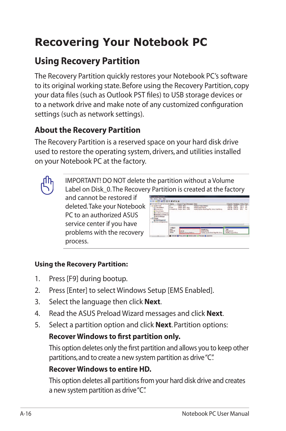 Recovering your notebook pc, Using recovery partition | Asus X32VM User Manual | Page 88 / 110