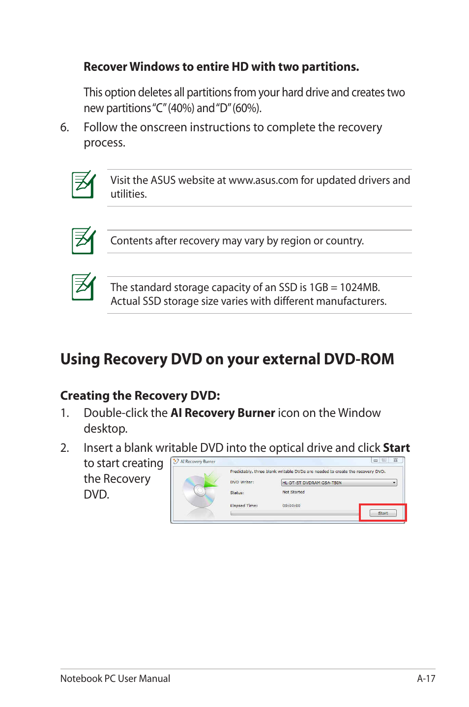 Using recovery dvd on your external dvd-rom | Asus X32VM User Manual | Page 89 / 110