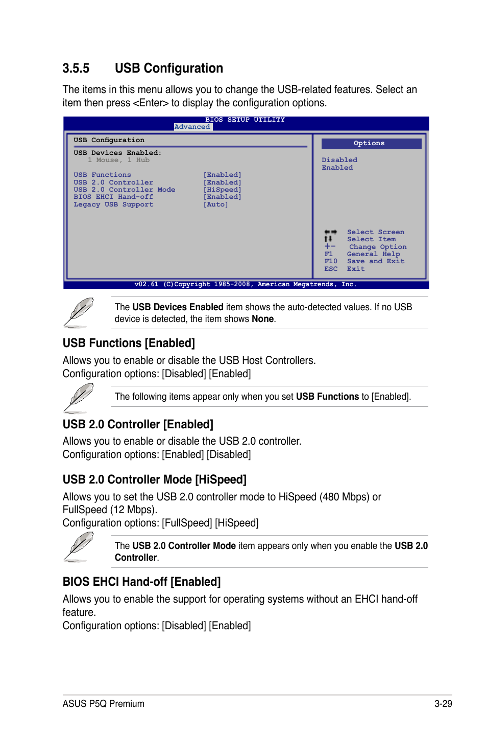 5 usb configuration, Usb configuration -29, Usb functions [enabled | Usb 2.0 controller [enabled, Usb 2.0 controller mode [hispeed, Bios ehci hand-off [enabled | Asus P5Q Premium User Manual | Page 101 / 196