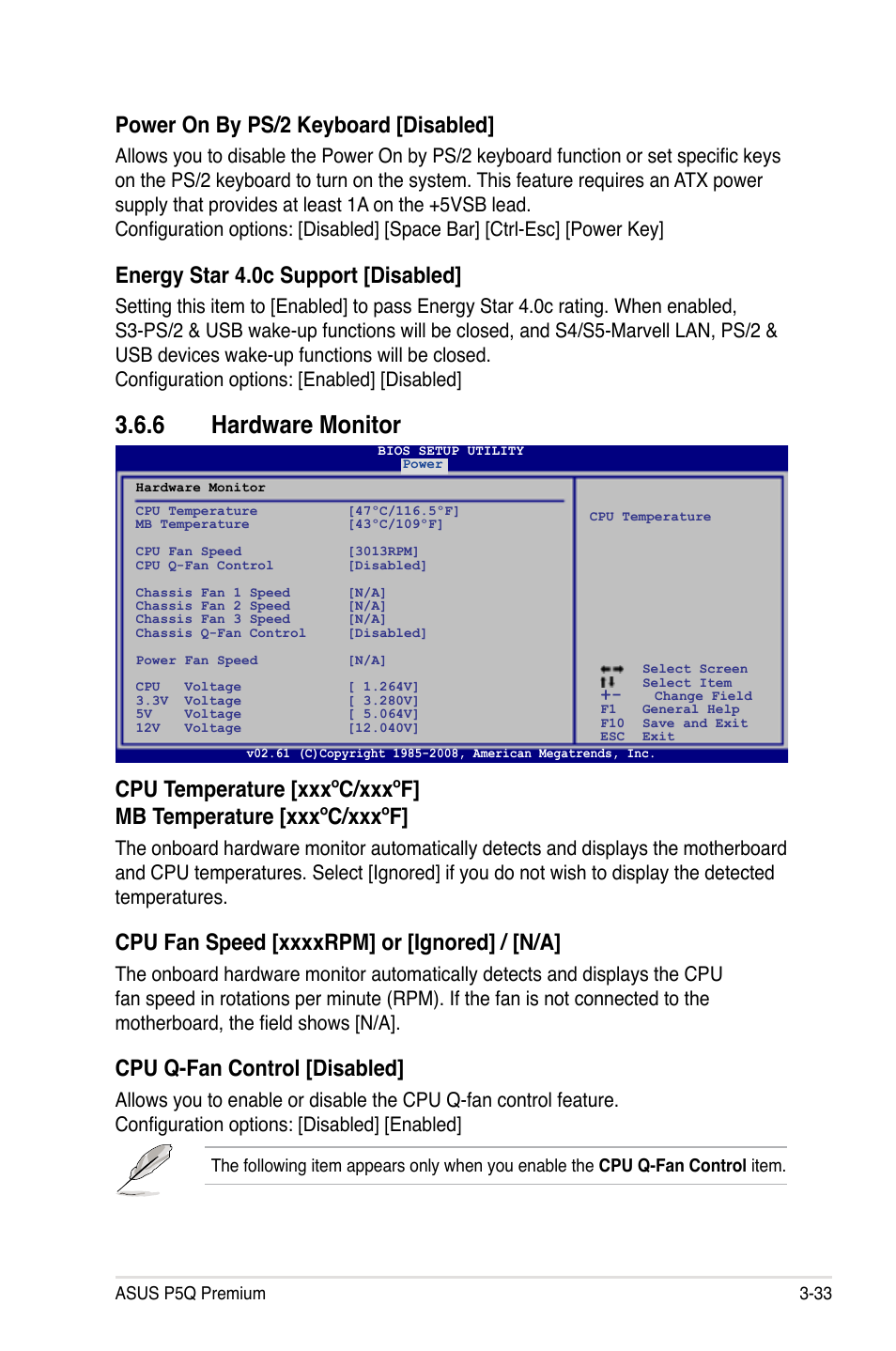 6 hardware monitor, Hardware monitor -33, Power on by ps/2 keyboard [disabled | Energy star 4.0c support [disabled, Cpu q-fan control [disabled | Asus P5Q Premium User Manual | Page 105 / 196