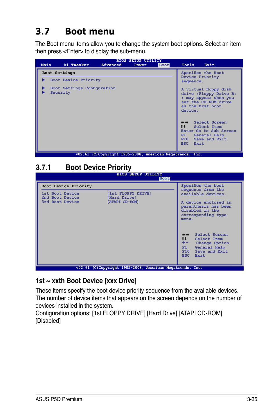 7 boot menu, 1 boot device priority, Boot menu -35 3.7.1 | Boot device priority -35, 1st ~ xxth boot device [xxx drive | Asus P5Q Premium User Manual | Page 107 / 196