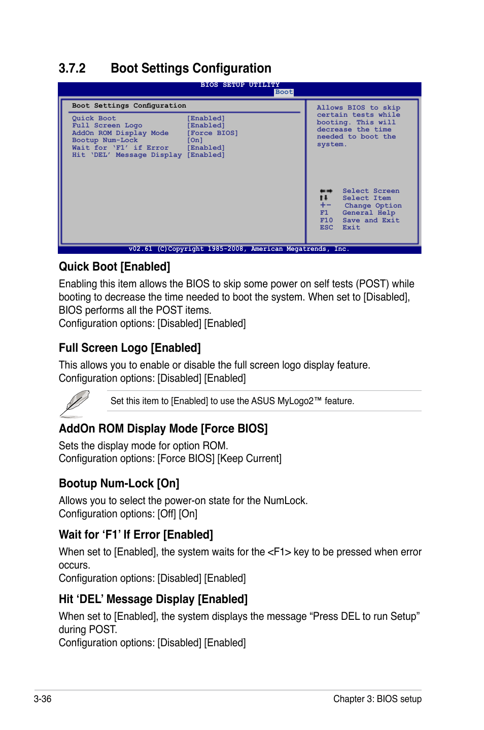 2 boot settings configuration, Boot settings configuration -36, Quick boot [enabled | Full screen logo [enabled, Addon rom display mode [force bios, Bootup num-lock [on, Wait for ‘f1’ if error [enabled, Hit ‘del’ message display [enabled | Asus P5Q Premium User Manual | Page 108 / 196