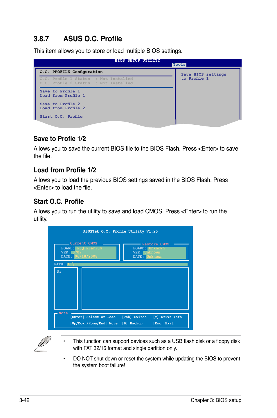 7 asus o.c. profile, Asus o.c. profile -42, Save to profle 1/2 | Load from profile 1/2, Start o.c. profile | Asus P5Q Premium User Manual | Page 114 / 196