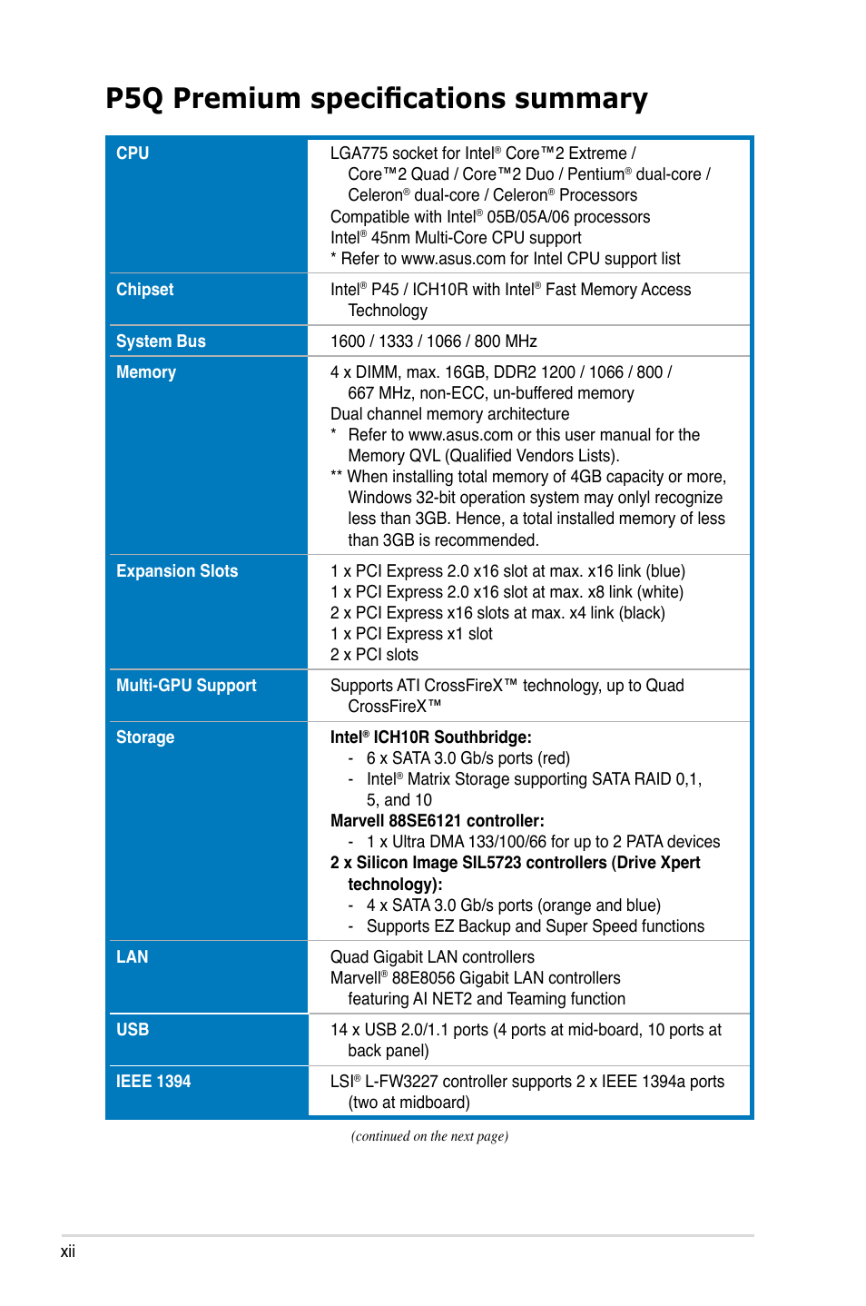 P5q premium specifications summary | Asus P5Q Premium User Manual | Page 12 / 196