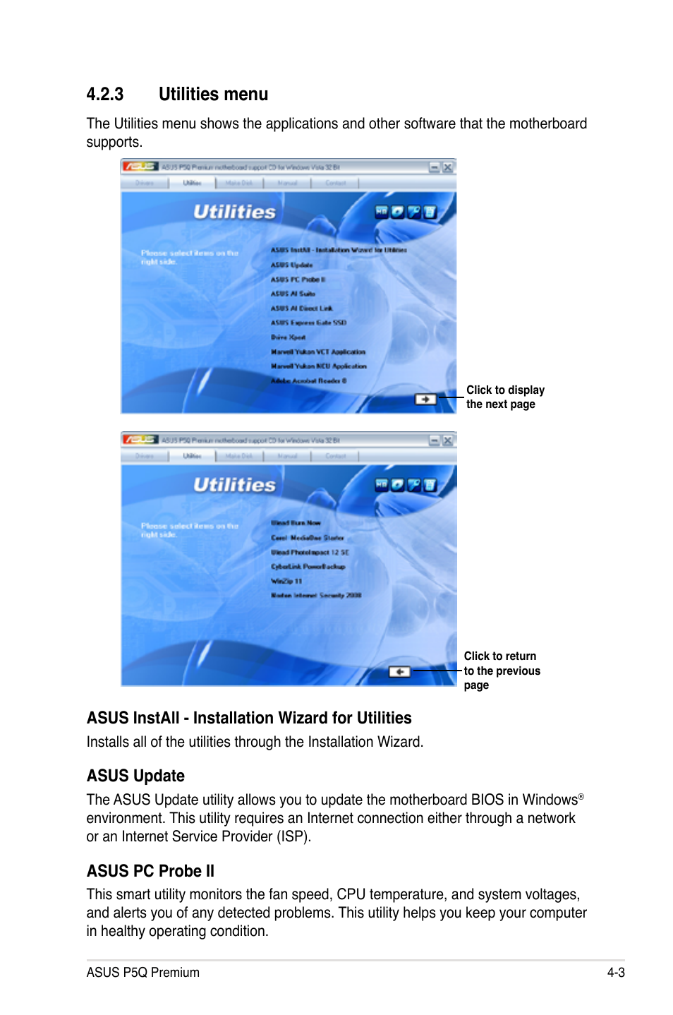 3 utilities menu, Utilities menu -3, Asus install - installation wizard for utilities | Asus update, Asus pc probe ii | Asus P5Q Premium User Manual | Page 121 / 196