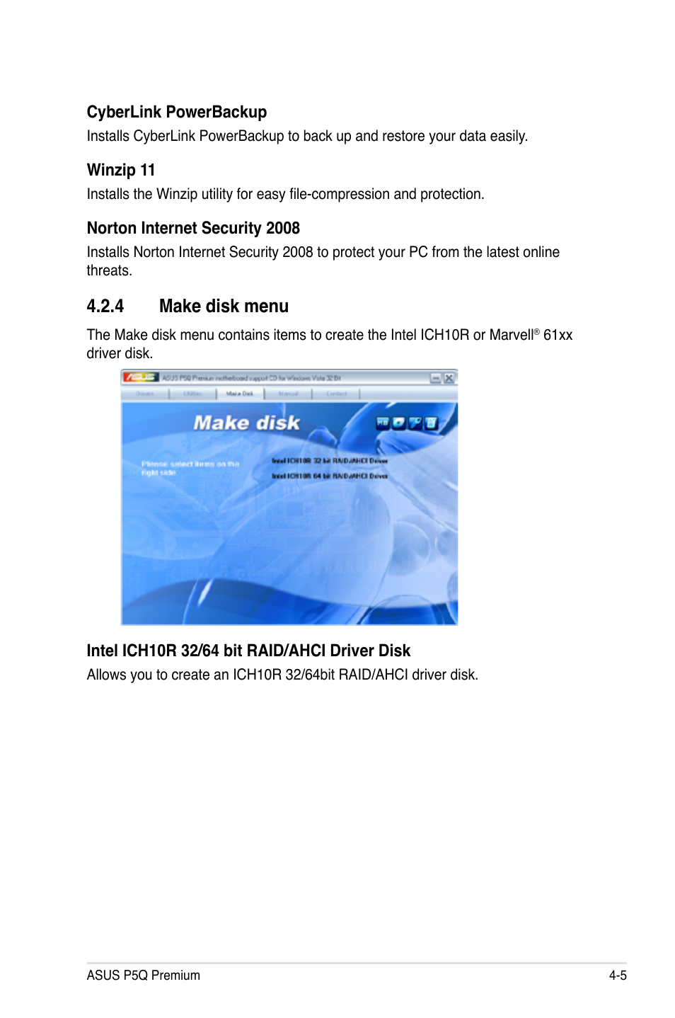 4 make disk menu, Make disk menu -5 | Asus P5Q Premium User Manual | Page 123 / 196