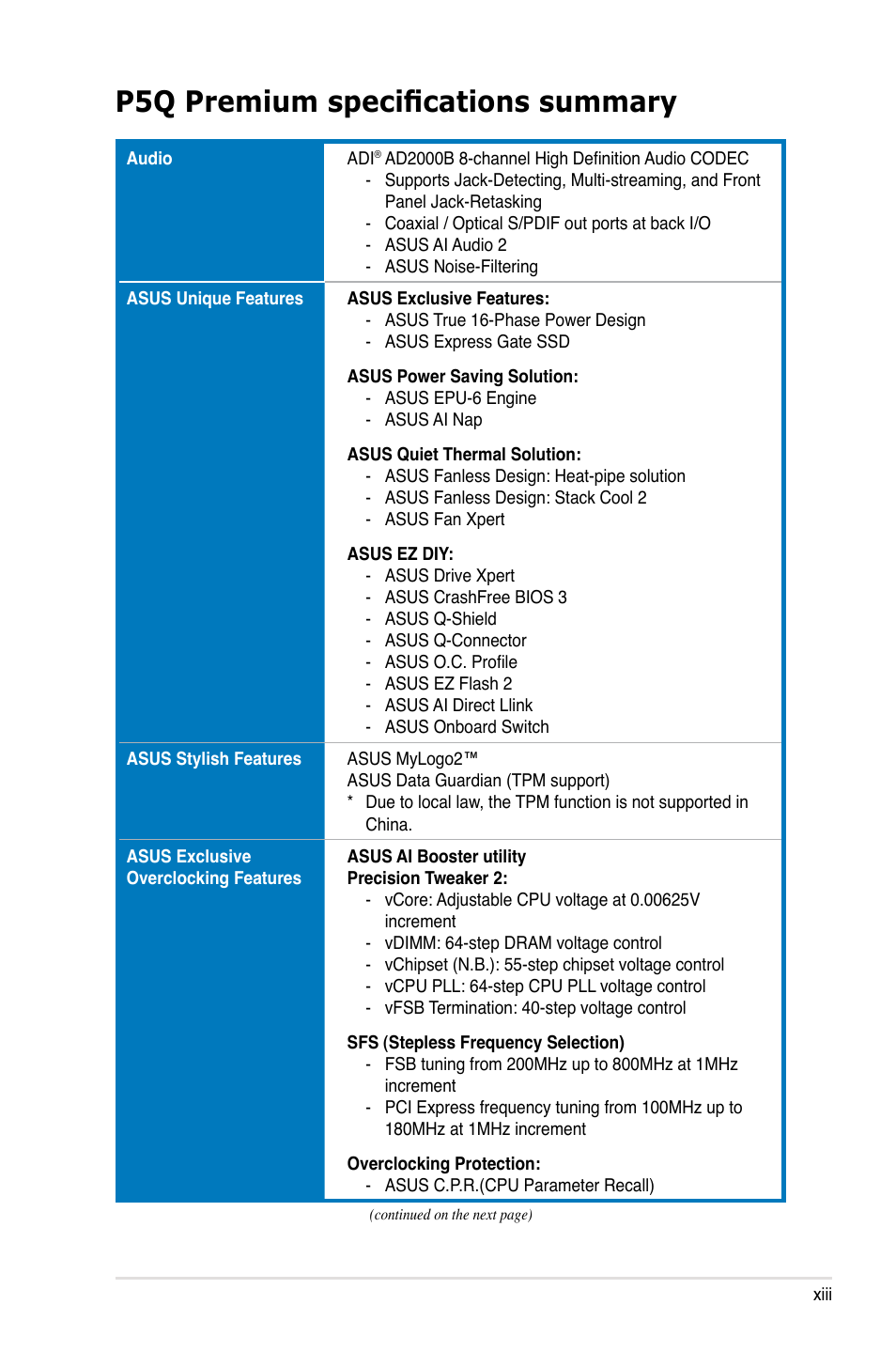 P5q premium specifications summary | Asus P5Q Premium User Manual | Page 13 / 196