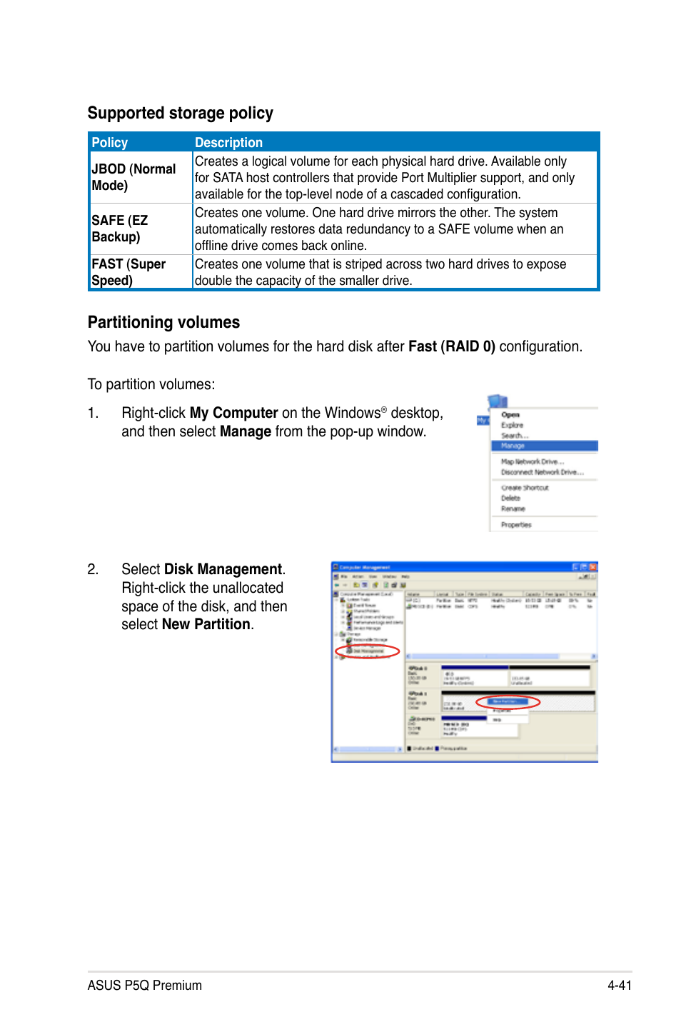 Supported storage policy, Partitioning volumes | Asus P5Q Premium User Manual | Page 159 / 196