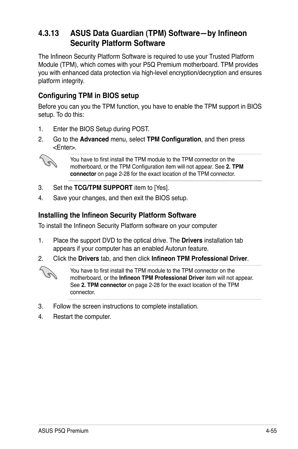 13 asus data guardian (tpm) software—by infineon, Security platform software -55 | Asus P5Q Premium User Manual | Page 173 / 196