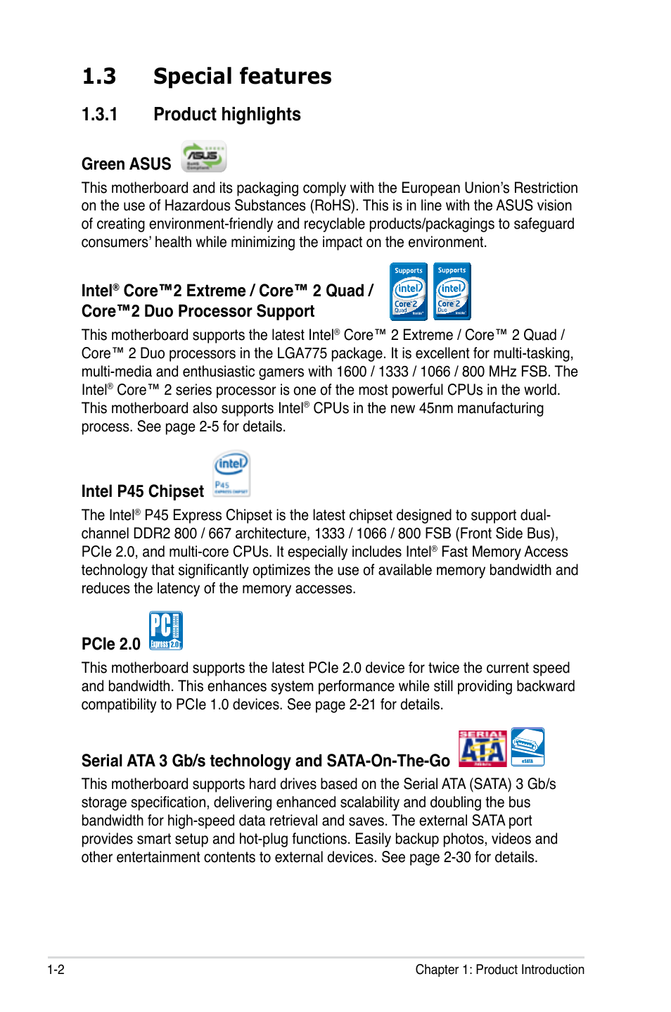 3 special features, 1 product highlights, Special features -2 1.3.1 | Product highlights -2 | Asus P5Q Premium User Manual | Page 18 / 196