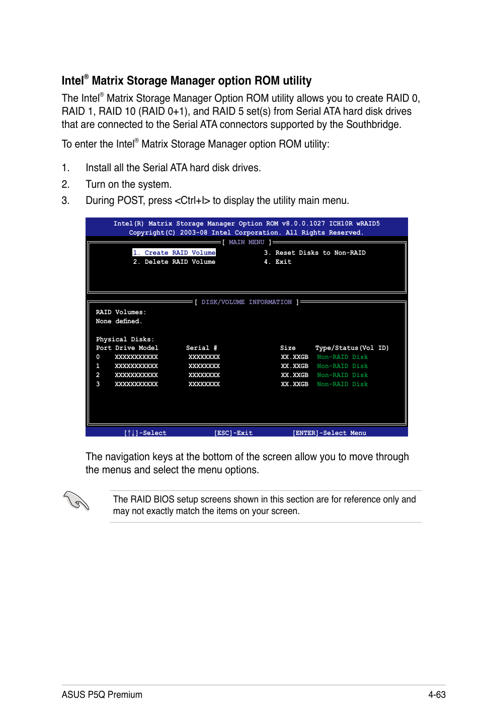 Intel, Matrix storage manager option rom utility, The intel | Asus P5Q Premium User Manual | Page 181 / 196