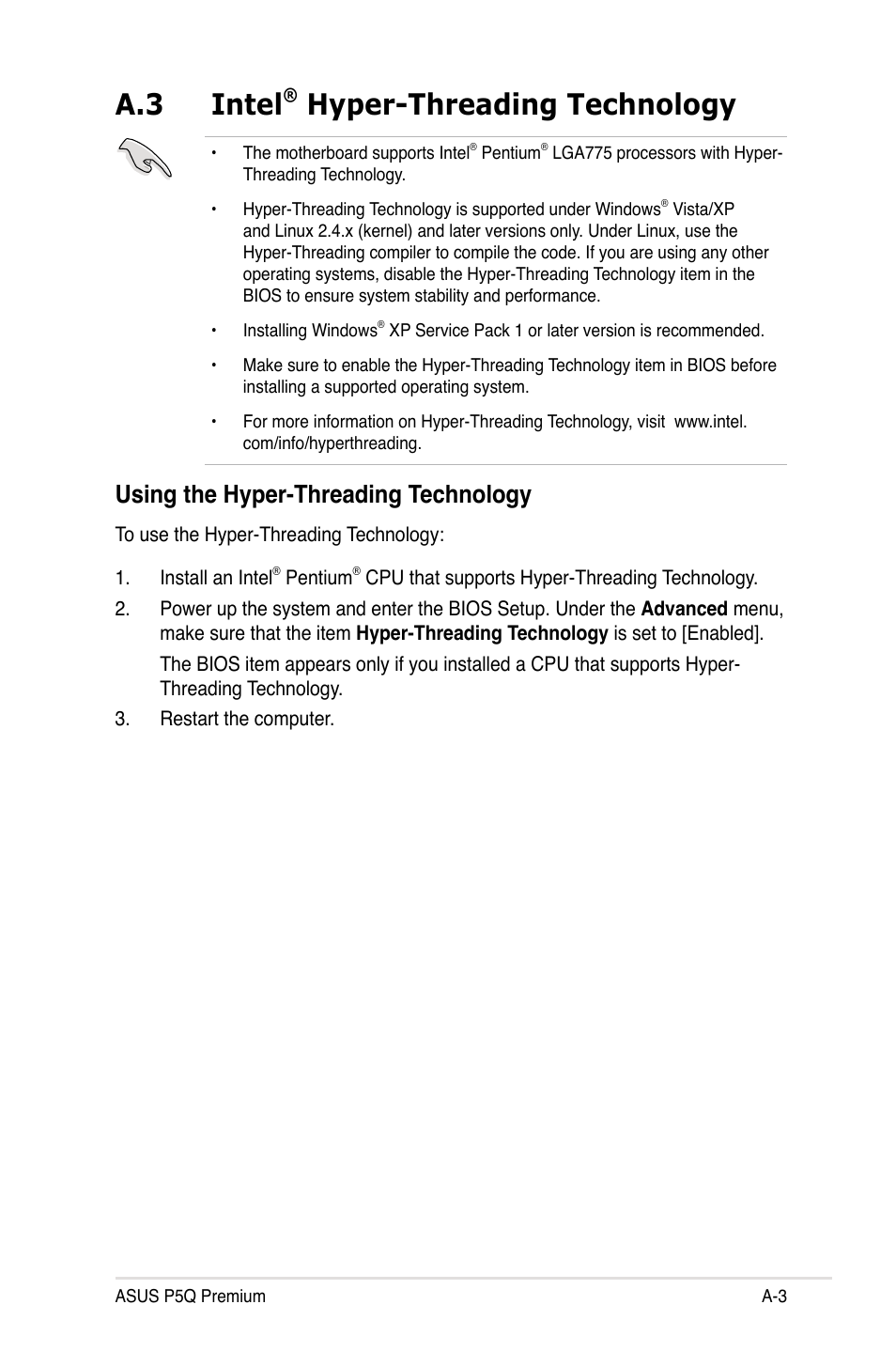 A.3 intel® hyper-threading technology, Using the hyper-threading technology, Intel | A.3 intel, Hyper-threading technology | Asus P5Q Premium User Manual | Page 195 / 196