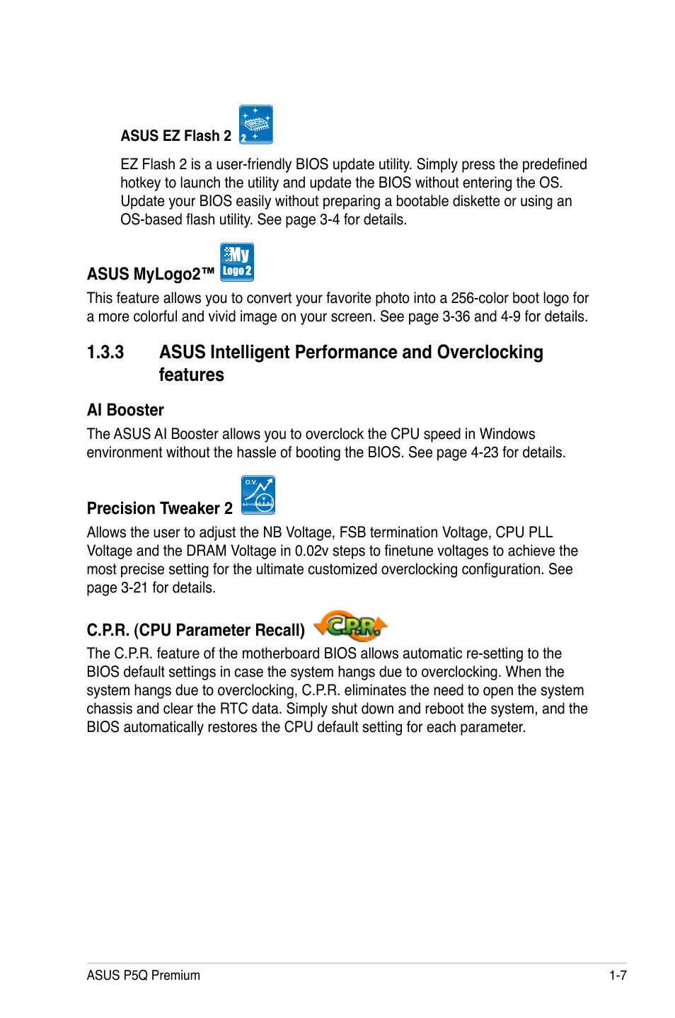 Asus intelligent performance and, Overclocking features -7 | Asus P5Q Premium User Manual | Page 23 / 196