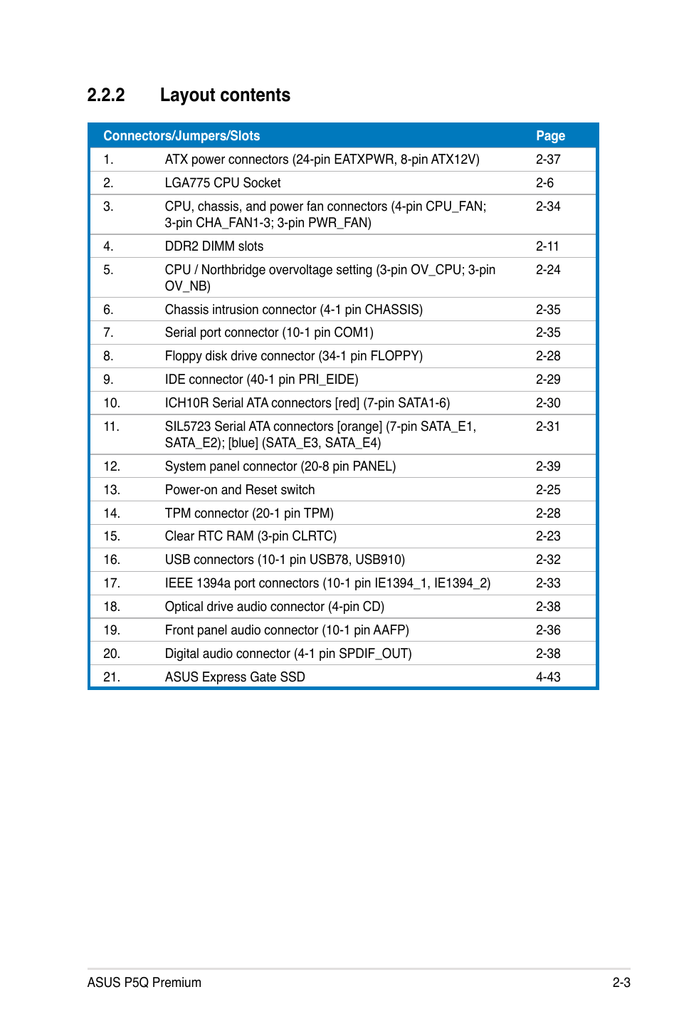 2 layout contents, Layout contents -3 | Asus P5Q Premium User Manual | Page 29 / 196