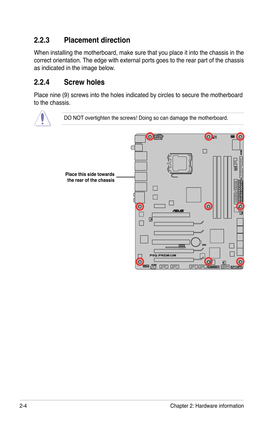 3 placement direction, 4 screw holes, Placement direction -4 | Screw holes -4 | Asus P5Q Premium User Manual | Page 30 / 196