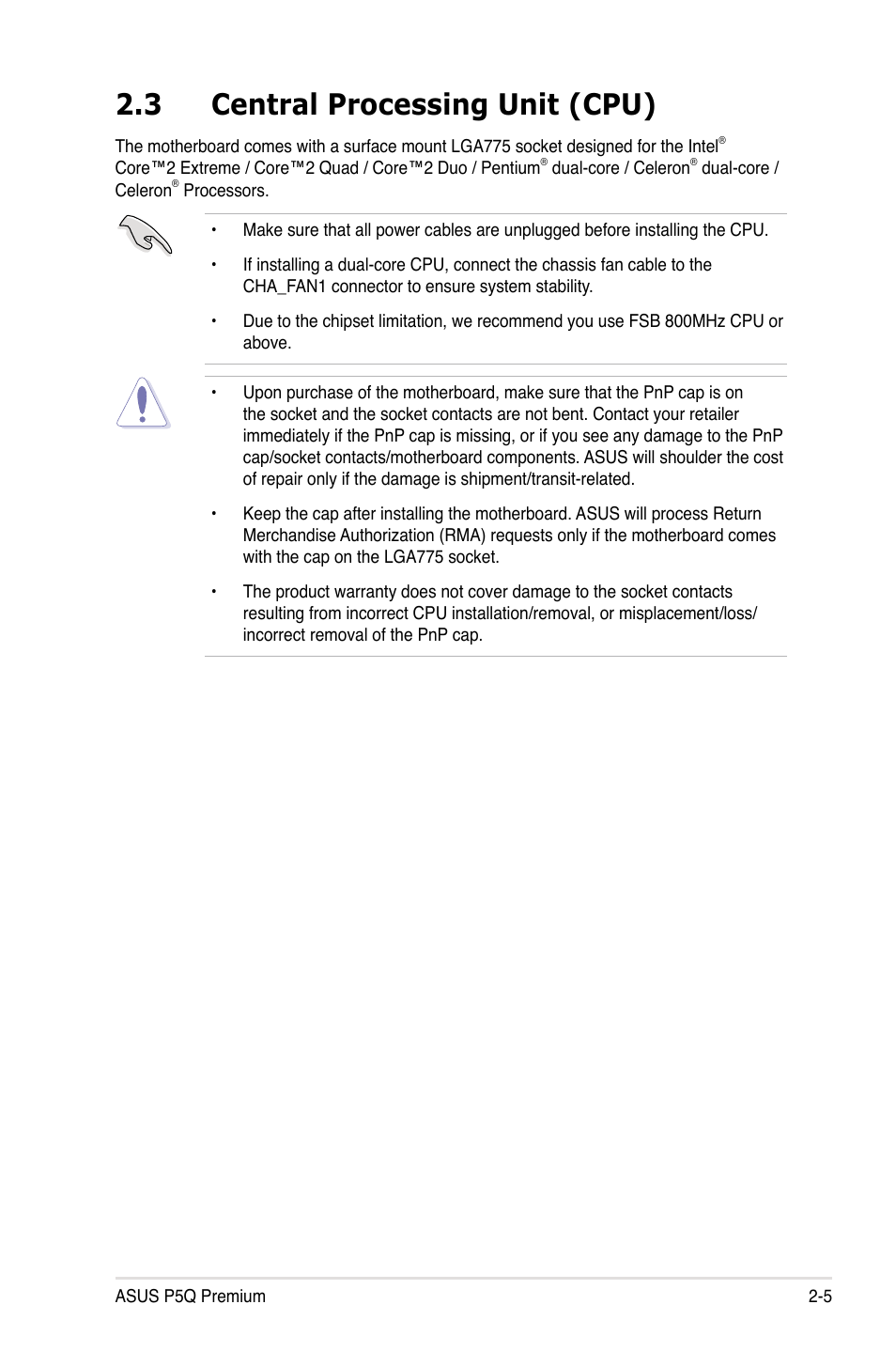 3 central processing unit (cpu), Central processing unit (cpu) -5 | Asus P5Q Premium User Manual | Page 31 / 196