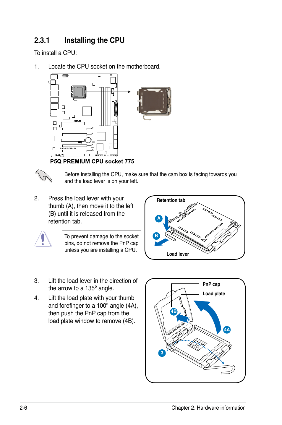 1 installing the cpu, Installing the cpu -6 | Asus P5Q Premium User Manual | Page 32 / 196