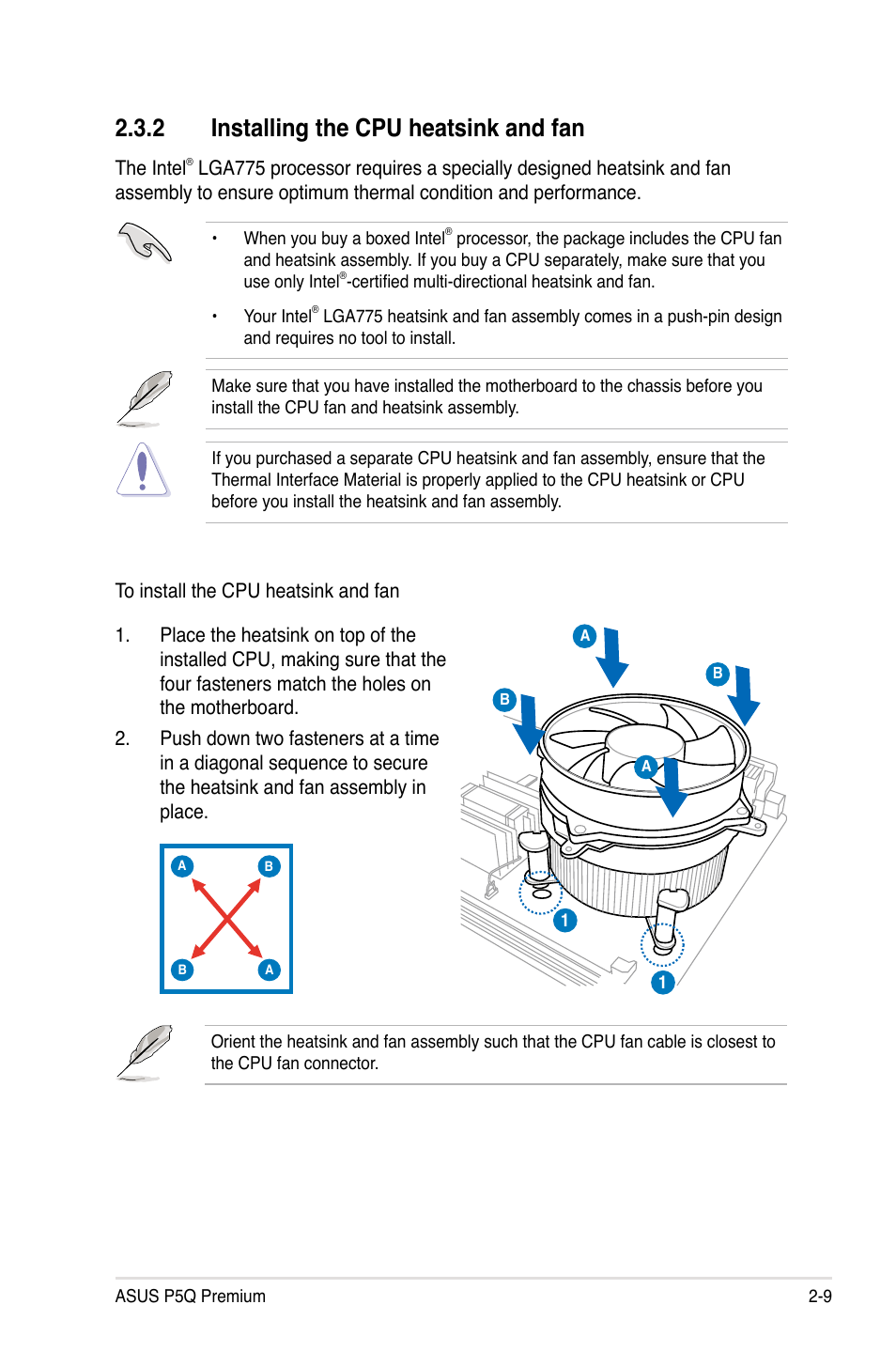 2 installing the cpu heatsink and fan, Installing the cpu heatsink and fan -9 | Asus P5Q Premium User Manual | Page 35 / 196