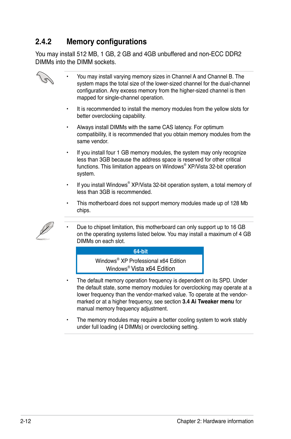 2 memory configurations, Memory configurations -12 | Asus P5Q Premium User Manual | Page 38 / 196