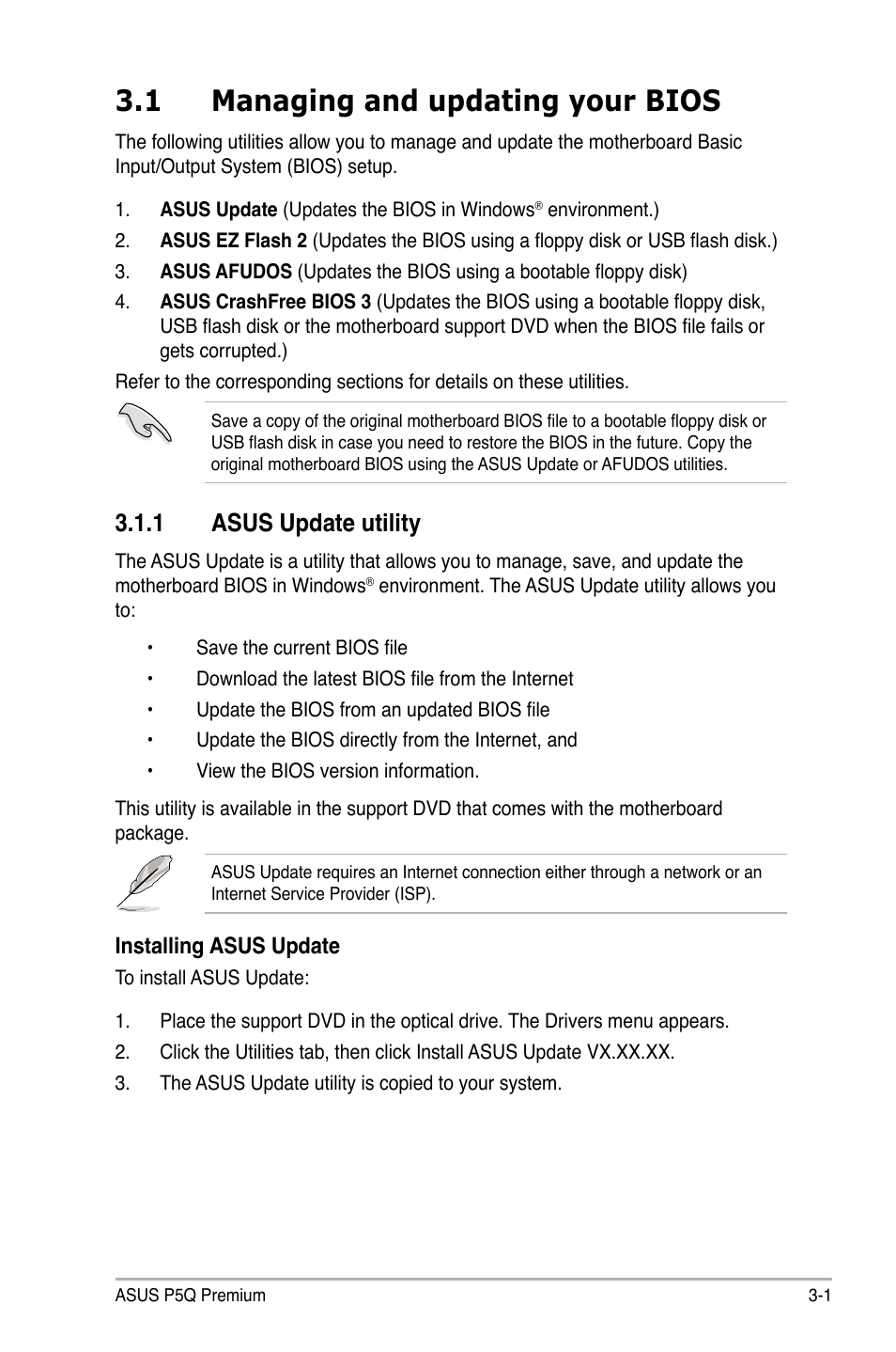 1 managing and updating your bios, 1 asus update utility, Managing and updating your bios -1 3.1.1 | Asus update utility -1 | Asus P5Q Premium User Manual | Page 73 / 196