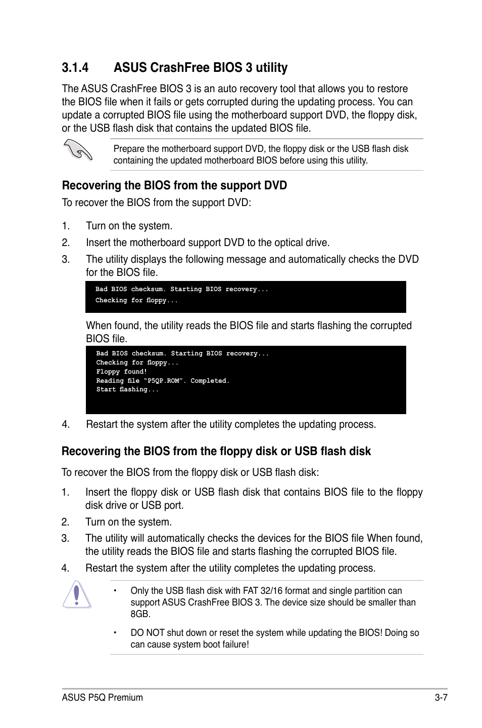 4 asus crashfree bios 3 utility, Asus crashfree bios 3 utility -7, Recovering the bios from the support dvd | Asus P5Q Premium User Manual | Page 79 / 196