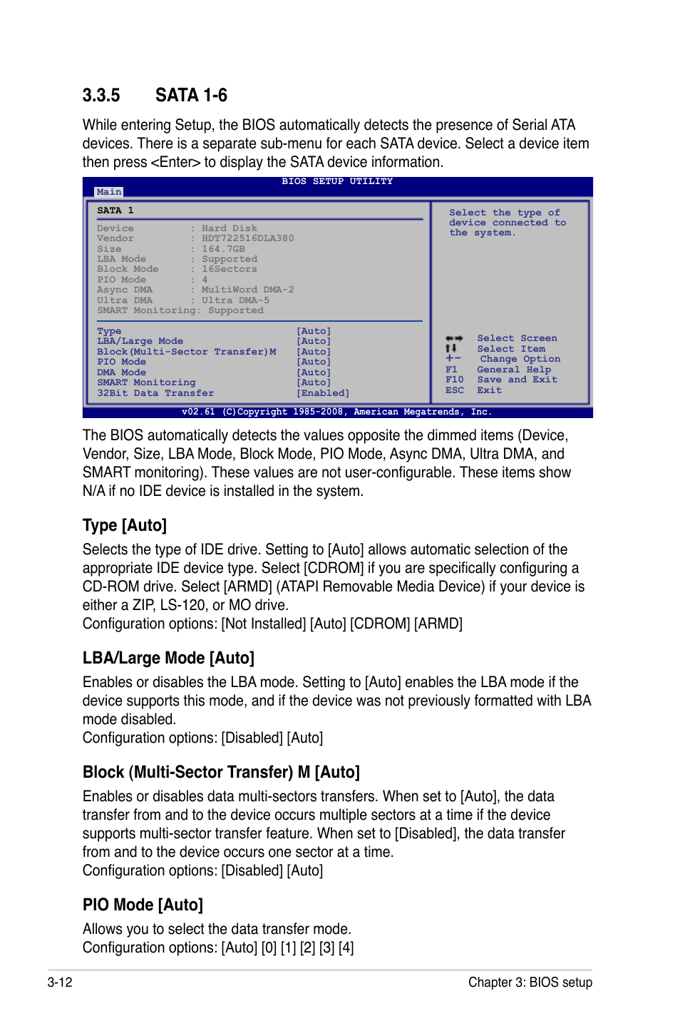 5 sata 1-6, Sata 1-6 -12, Type [auto | Lba/large mode [auto, Block (multi-sector transfer) m [auto, Pio mode [auto | Asus P5Q Premium User Manual | Page 84 / 196