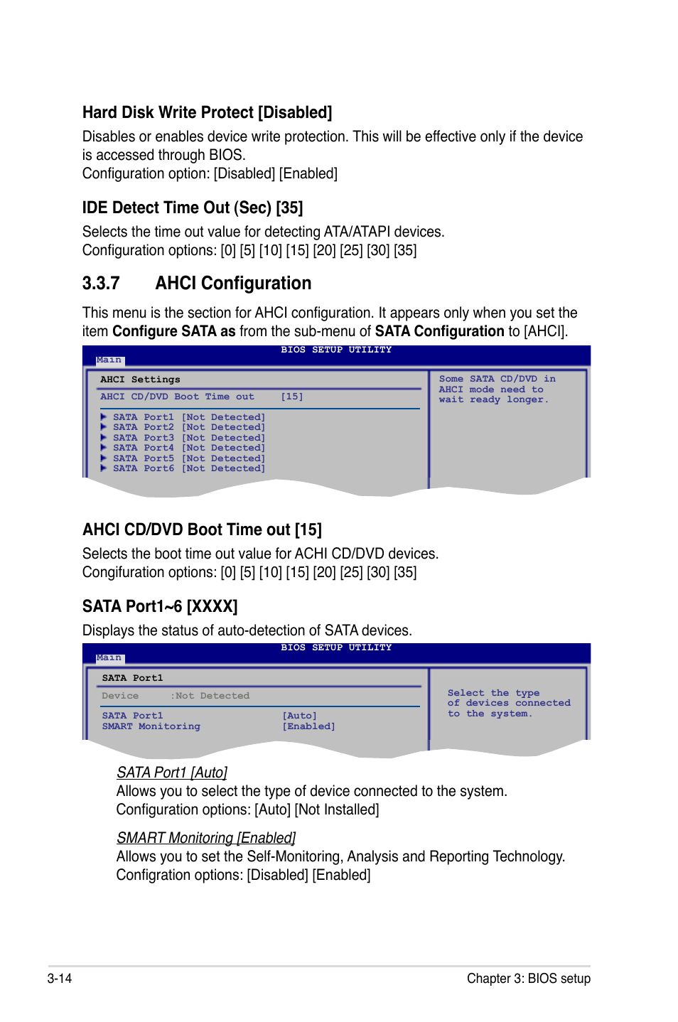 7 ahci configuration, Ahci configuration -14, Hard disk write protect [disabled | Ide detect time out (sec) [35, Ahci cd/dvd boot time out [15 | Asus P5Q Premium User Manual | Page 86 / 196