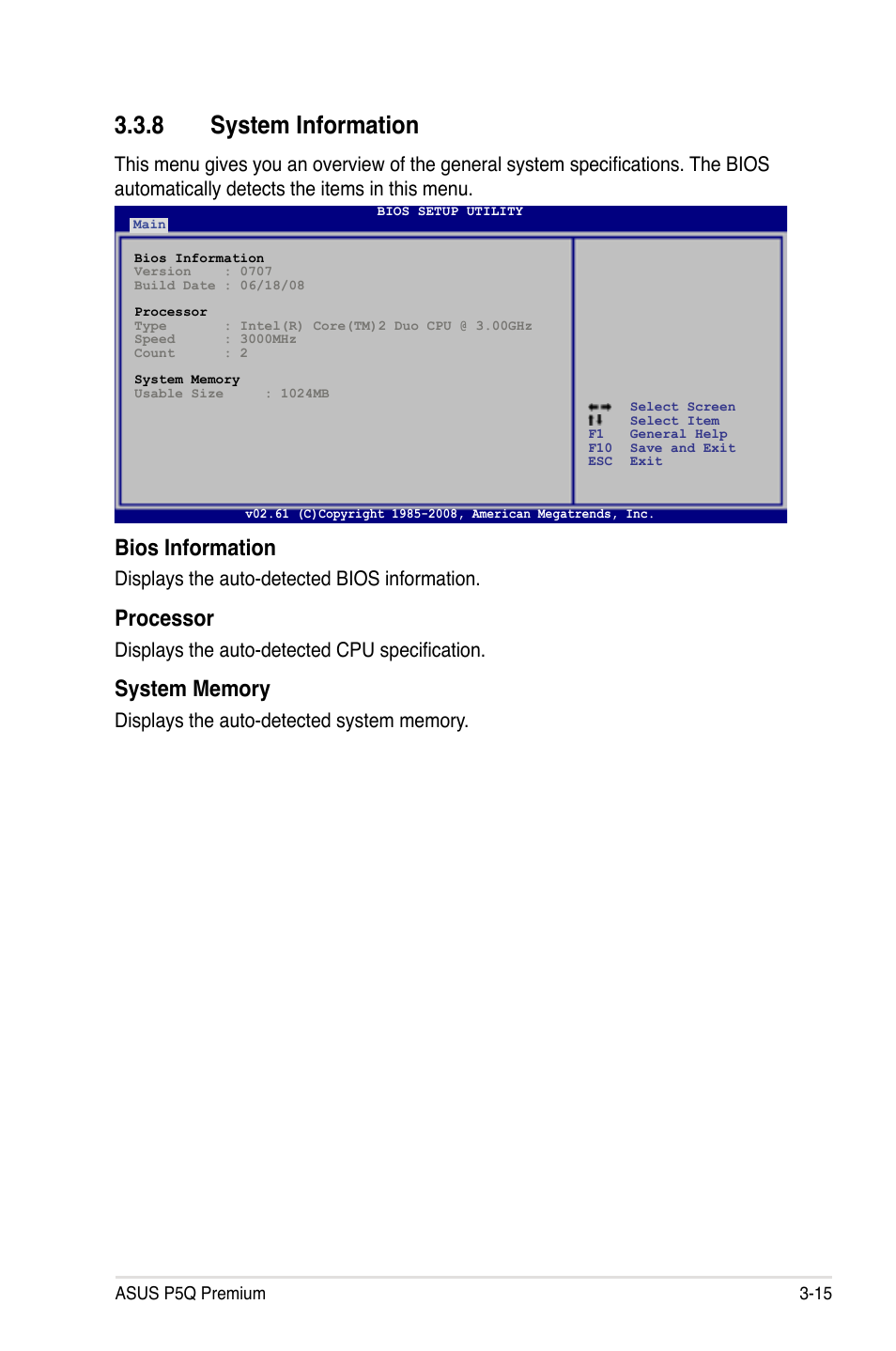 8 system information, System information -15, Bios information | Processor, Displays the auto-detected bios information, Displays the auto-detected cpu specification | Asus P5Q Premium User Manual | Page 87 / 196